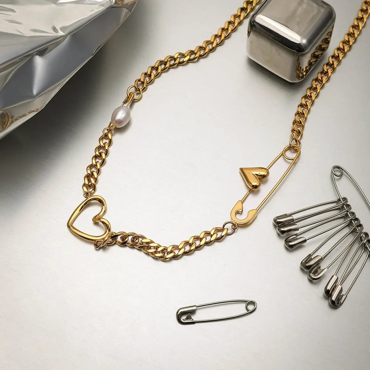 Heart & Safety Pin Necklace